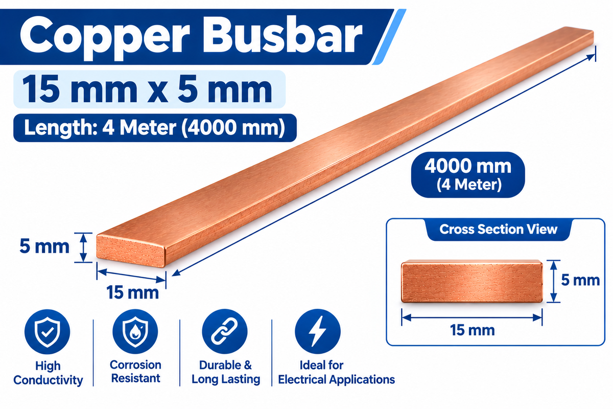 Copper Busbar 15×5mm x 4 Meter | Pure Copper Flat Bar for Electrical Panels & Switchgear
