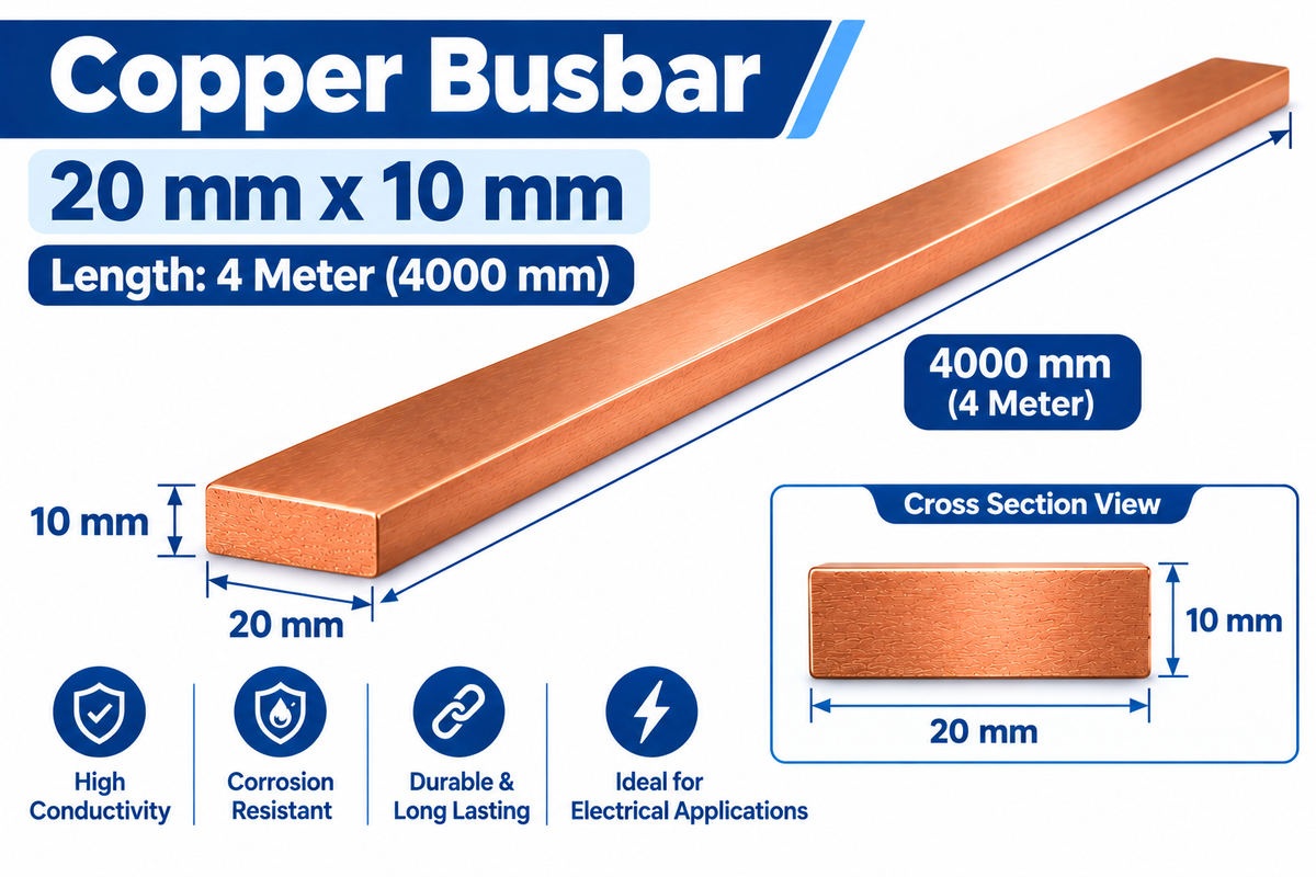Copper Busbar 20×10mm x 4 Meter | Pure Copper Flat Bar for Electrical Panels & Switchgear