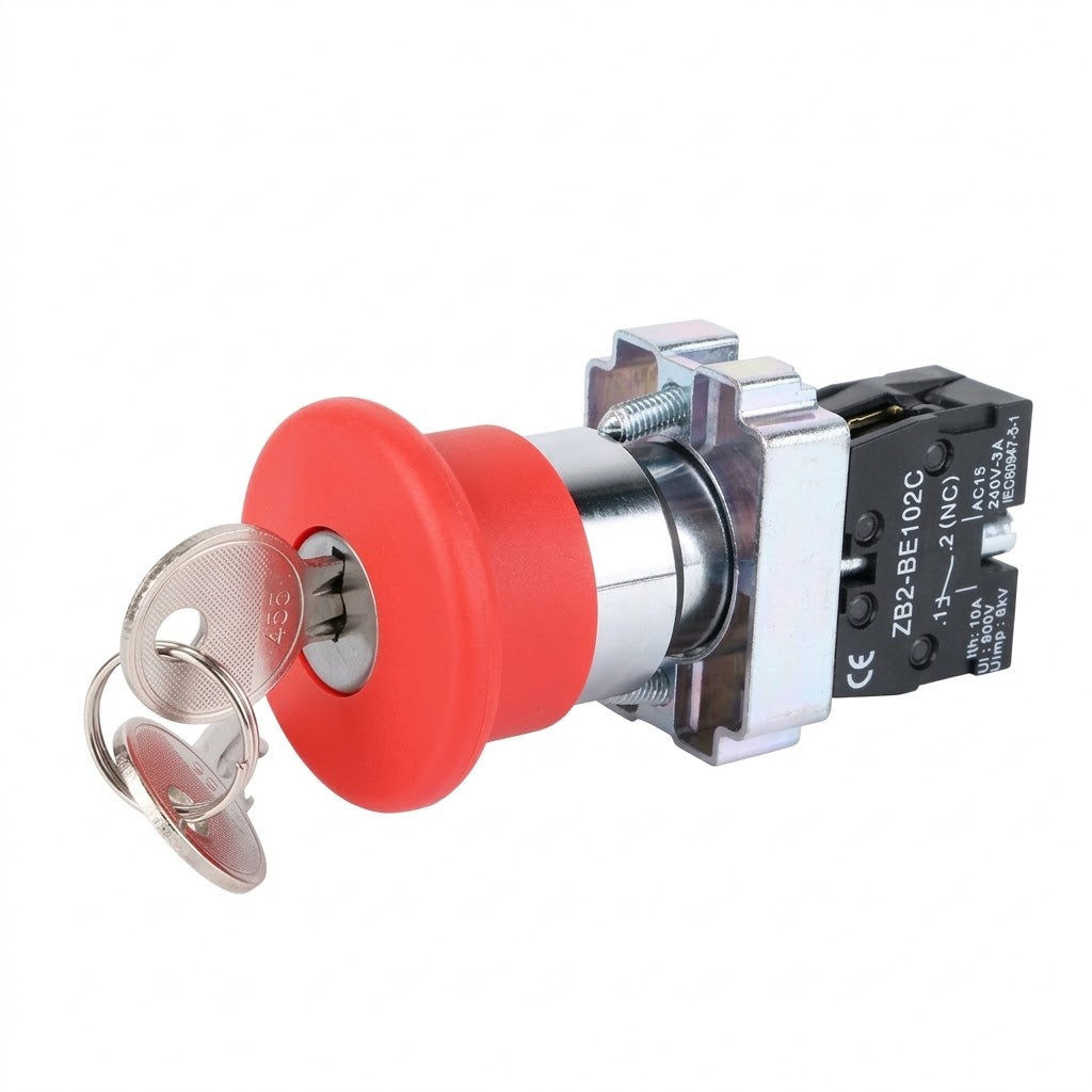 22mm Emergency Stop Push Button, Red Mushroom 40mm, Key Release, Metal, 1NC