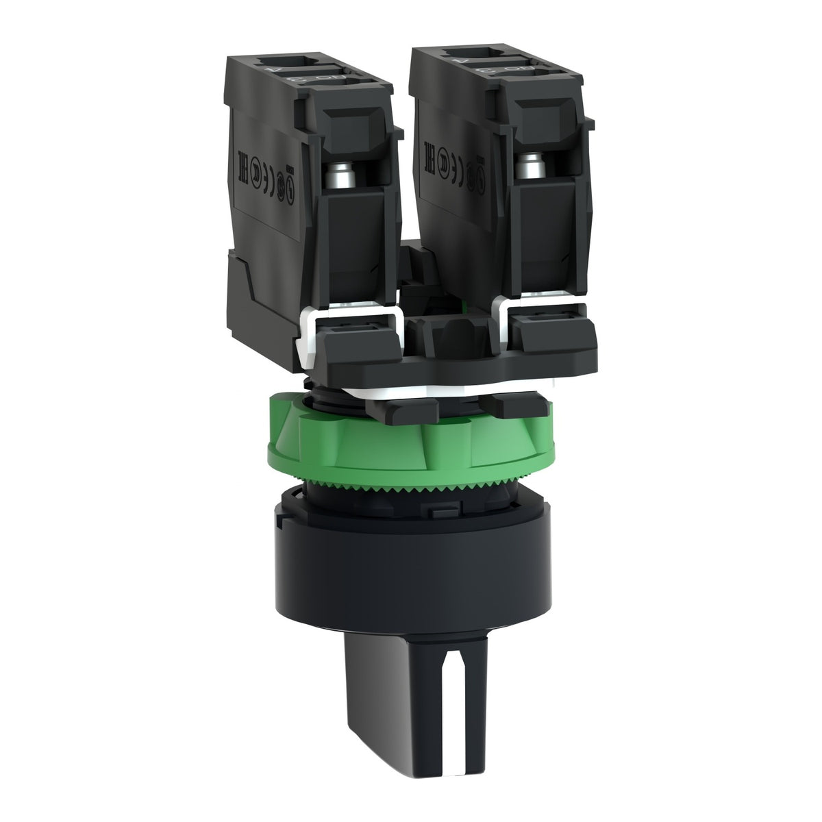 22mm Push Button, 3 position selector switch, black, maintained, 2 NO, marked HAND OFF AUTO