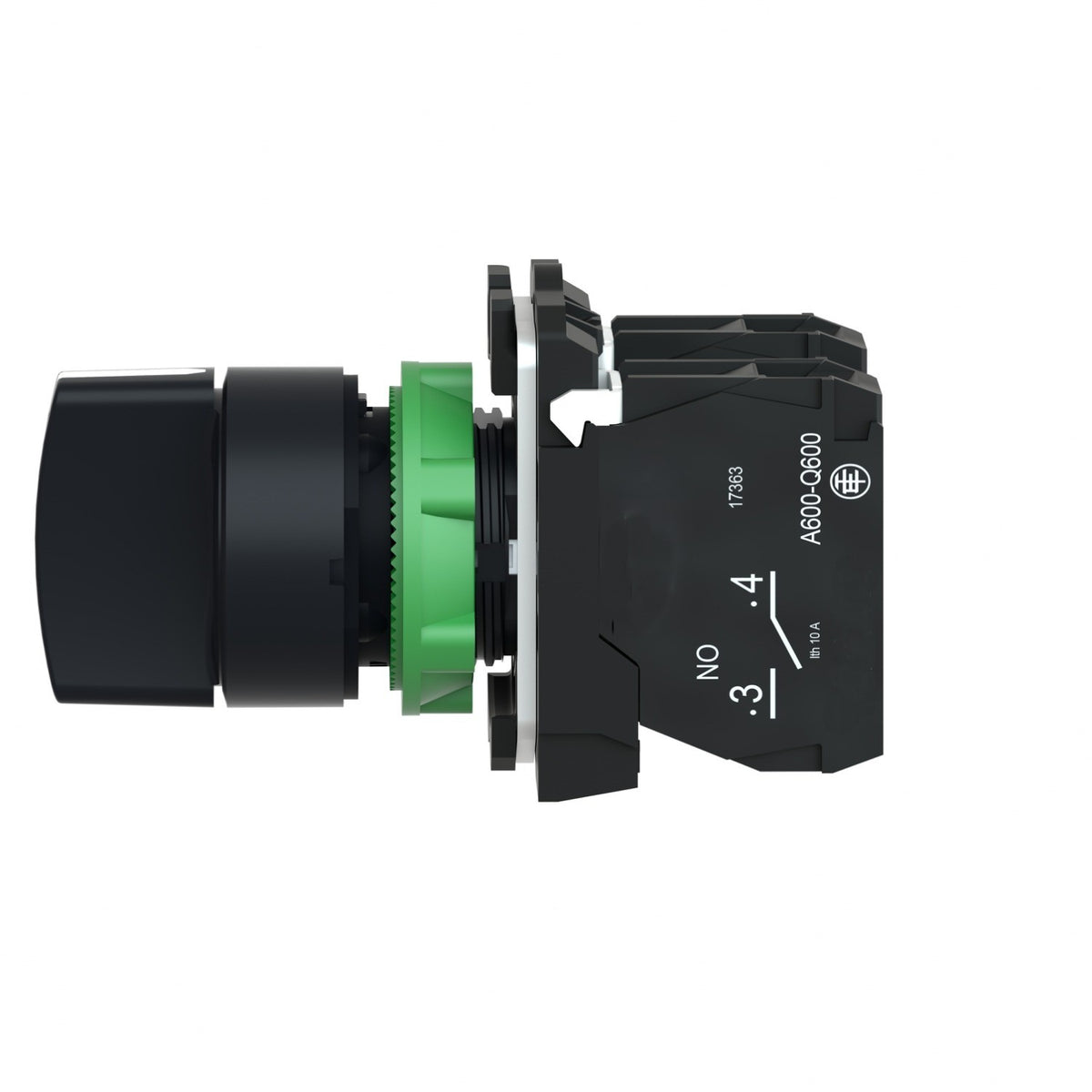 22mm Push Button, 3 position selector switch, black, maintained, 2 NO, marked HAND OFF AUTO
