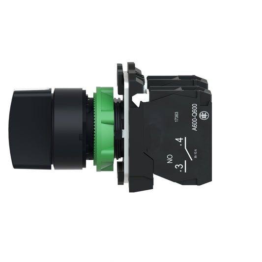 22mm Push Button, 3 position selector switch, black, maintained, 2 NO, marked HAND OFF AUTO