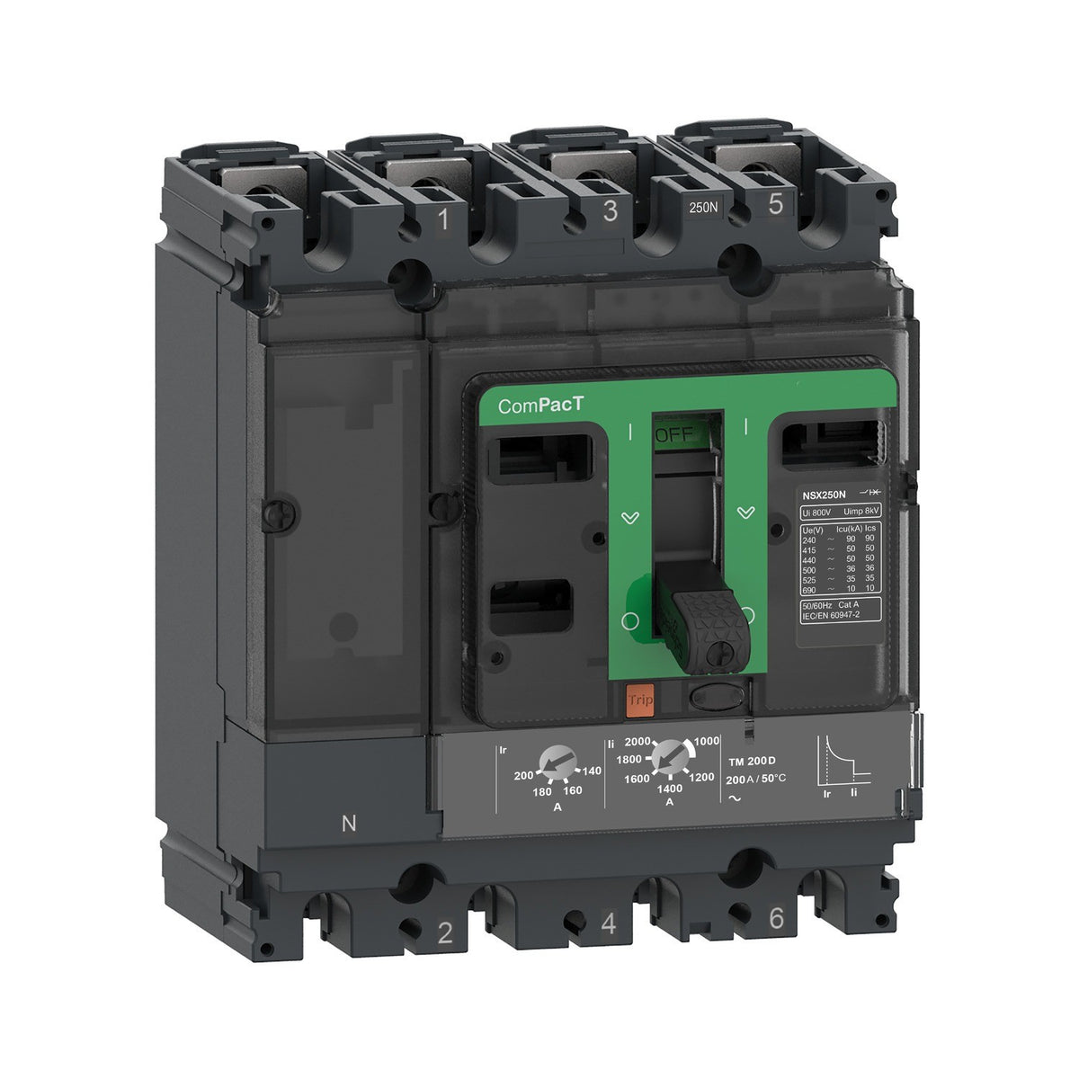 قاطع صندوقي مصبوب 4 أقطاب 250 أمبير نوع N قدرة قطع 50 كيلو أمبير MCCB C25N6TM250C