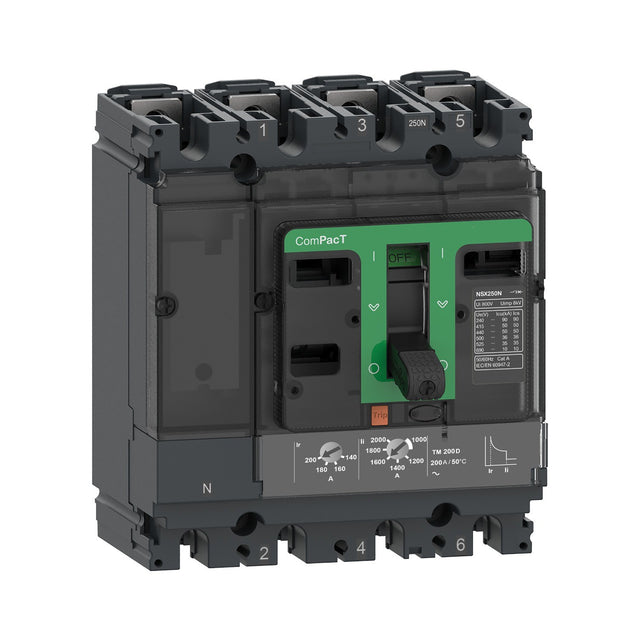 قاطع صندوقي مصبوب 4 أقطاب 250 أمبير نوع N قدرة قطع 50 كيلو أمبير MCCB C25N6TM250C